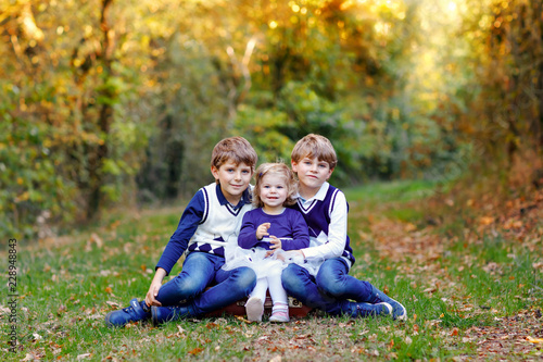 Portrait of three siblings children. Two kids brothers boys and little cute toddler sister girl having fun together in autumn forest. Happy healthy family playing, walking, active leisure on nature