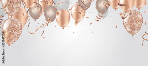 Happy birthday vector illustration. Confetti and ribbons gold orange balloon, confetti, design template for birthday celebration. art