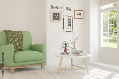 White room with armchair and green landscape in window. Scandinavian interior design. 3D illustration