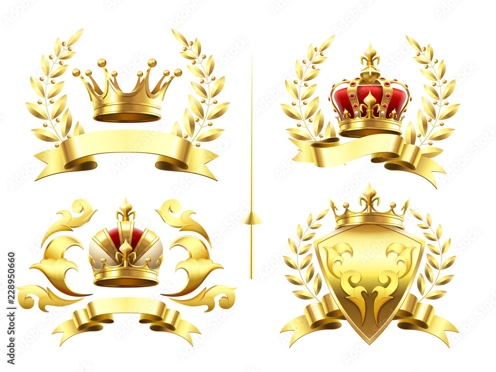 Realistic heraldic emblems. Insignia with golden crown, gold crowning medal and emblem with royal crowns on shields 3d vector set Realistic heraldic emblems. Insignia with golden crown, gold crowning medal and emblem with royal crowns on shields 3d vector set