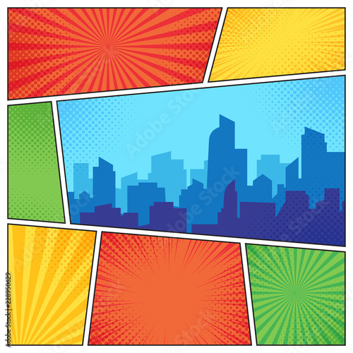 City on comic page. Comics book frames composition on strip halftone background. Cartoon books vector template layout illustration