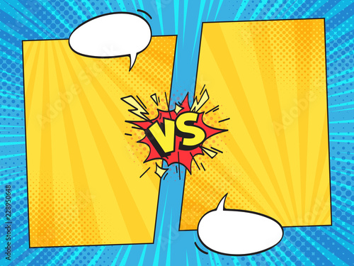 Versus comic frame. Vs comics book frames with cartoon text speech bubbles on halftone stripes background vector template photo