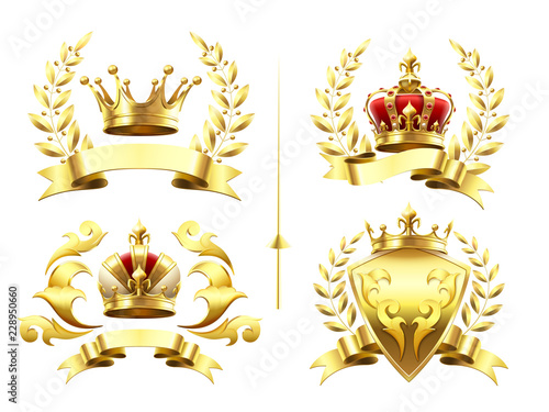 Realistic heraldic emblems. Insignia with golden crown, gold crowning medal and emblem with royal crowns on shields 3d vector set