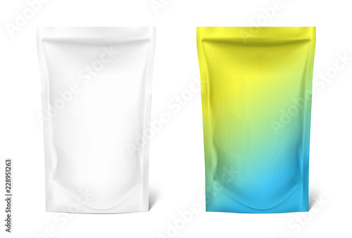 Food pouch bags isolated on white background. Vector illustration. Front view. Can be use for template your design, presentation, promo, ad. EPS10.
