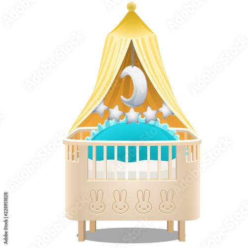 Childrens wooden four-poster bed isolated on white background. Vector cartoon close-up illustration.