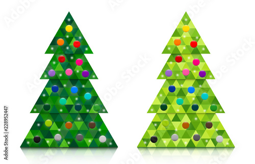 Set of abstract coniferous trees consisting of triangles with reflection and decorated with colorful baubles. Two shades of green. Vector EPS 10