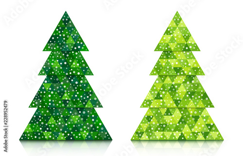 Set of abstract coniferous trees with snow consisting of triangles with reflection. Two shades of green. Vector EPS 10