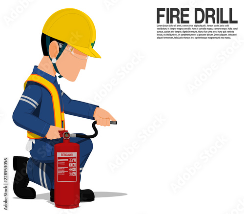 A worker  with the extinguisher is sitting on transparent background
