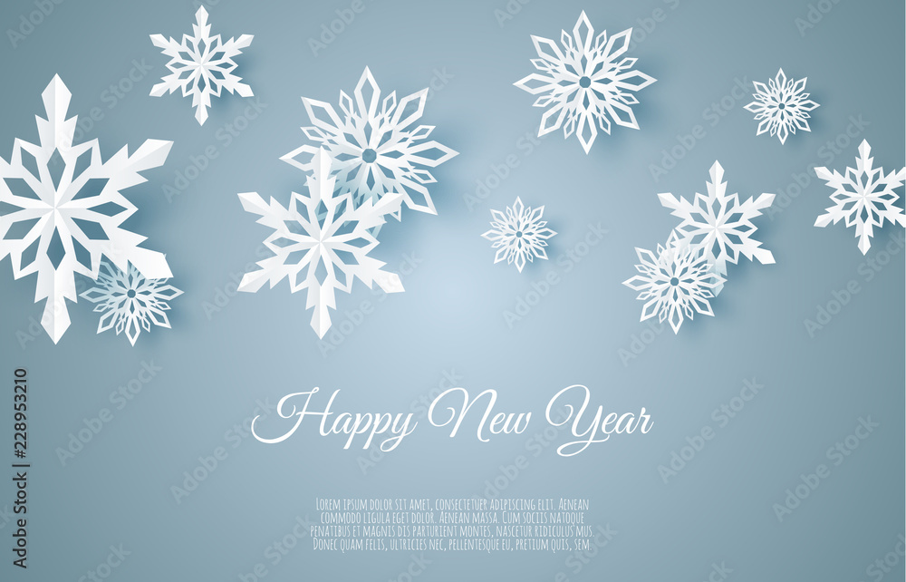 Christmas card with paper snow flake. Falling snowflakes on a dark blue winter background.
