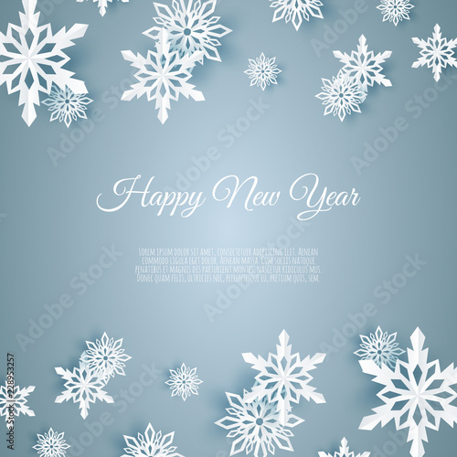 Christmas card with paper snow flake. Falling snowflakes on a blue background.