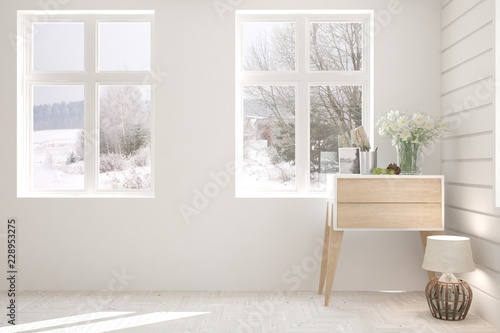 White empty room with nightstand and winter landscape in window. Scandinavian interior design. 3D illustration