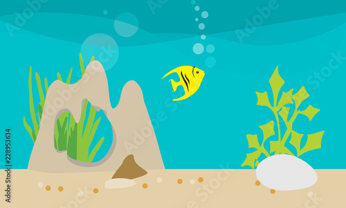 Flat design illustration of life in an aquarium with decorations, rock and plants, floating angelfish and bubbles