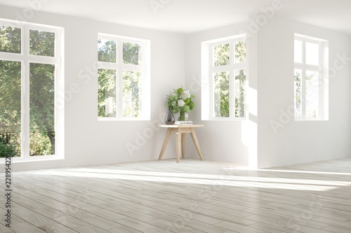 White empty room with summer landscape in window. Scandinavian interior design. 3D illustration