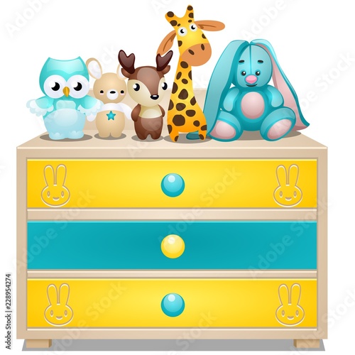 Childrens chest of drawers with plush toys isolated on white background. Vector cartoon close-up illustration.