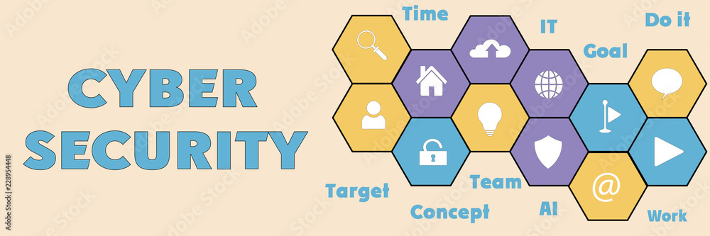 CYBER SECURITY Panoramic Hi tech banner with hexagons icons and tags CYBER SECURITY Panoramic Hi tech banner with hexagons icons and tags