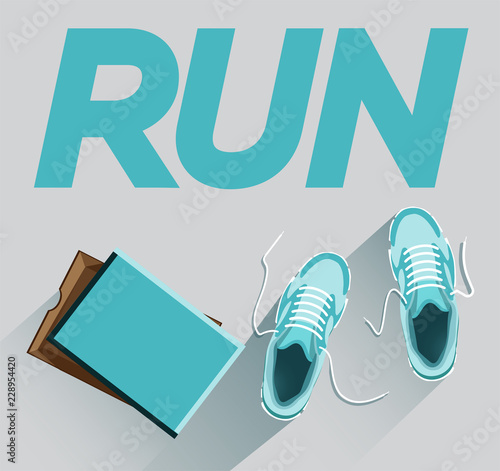 Run. Sneakers for running with a box. Sneakers with a cardboard box. Blue sneakers with a box. Blue sneakers with a cardboard box. Flat style. Flat design. Vector illustration Eps10 file