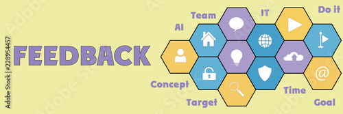 FEEDBACK Panoramic Hi tech banner with hexagons icons and tags