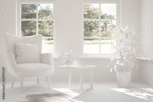 White room with armchair and green landscape in window. Scandinavian interior design. 3D illustration