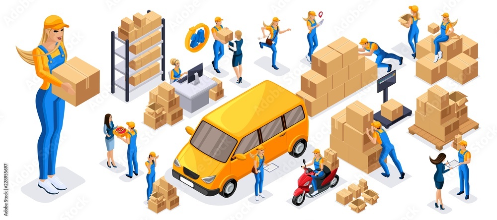 Isometric set 4 icons of delivery service, girls couriers carry orders, ride on official vehicles, scooter, car, quadrocopter, fast delivery Isometric set 4 icons of delivery service, girls couriers carry orders, ride on official vehicles, scooter, car, quadrocopter, fast delivery