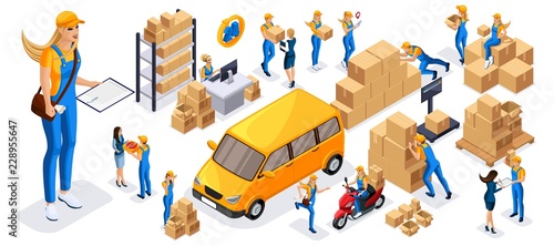 Isometric set 5 icons of delivery service, girls couriers carry orders, ride on official vehicles, scooter, car, quadrocopter, fast delivery