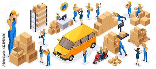 Isometric set 1 icons of delivery service, girls couriers carry orders, ride on official vehicles, scooter, car, quadrocopter, fast delivery