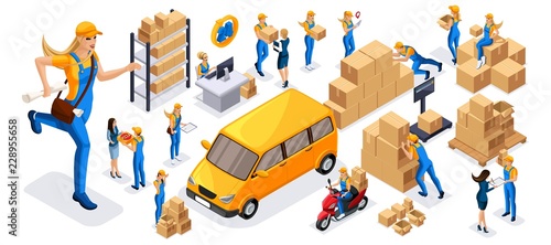 Isometric set 2 icons of delivery service, girls couriers carry orders, ride on official vehicles, scooter, car, quadrocopter, fast delivery