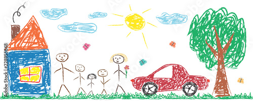 Children drawing cheerful family, house, tree, car, sun. Colorful isolated vector illustration