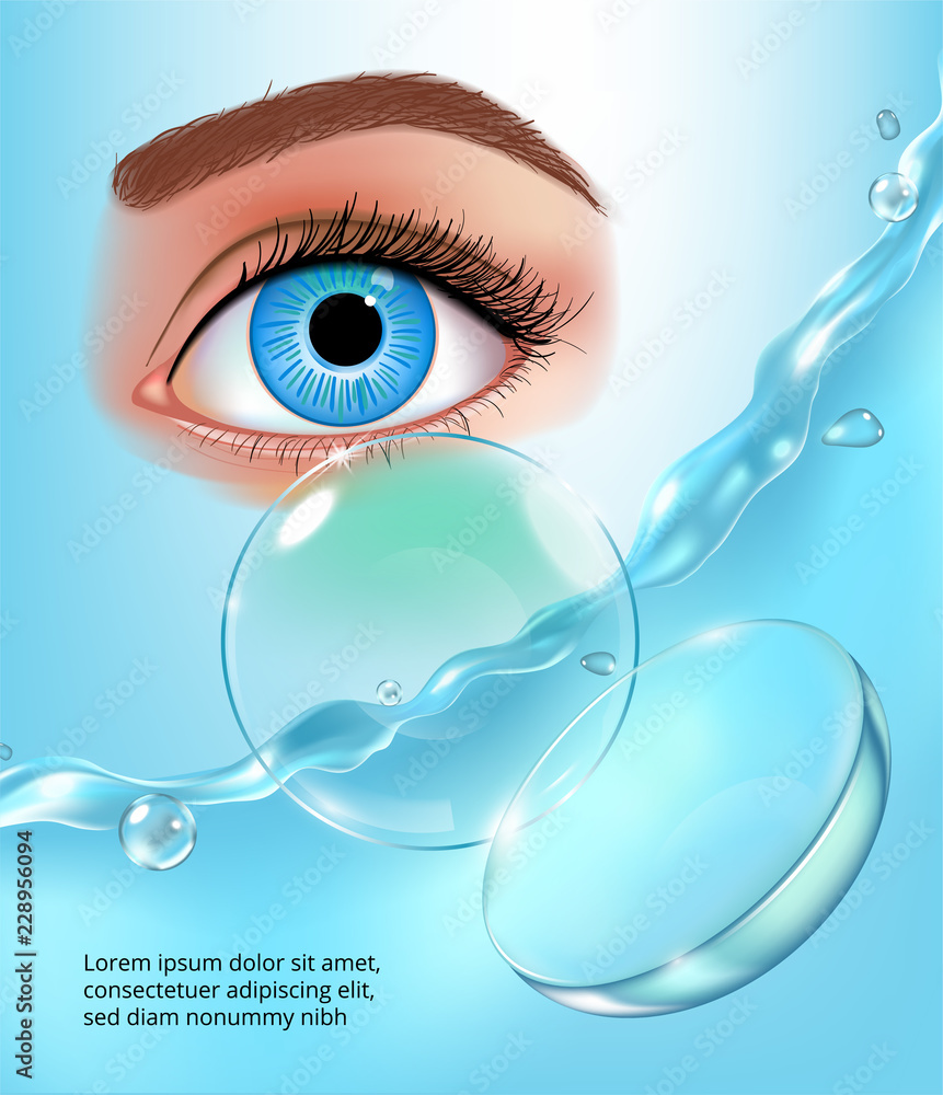 Contact lenses in water splashes, eye, realistic ad poster with brand