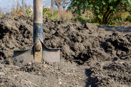 Spade black soil. Digging the garden.