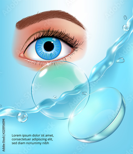 Contact lenses in water splashes, eye, realistic ad poster with brand identity on blue background vector illustration