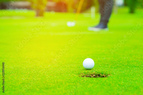 Golfer putting golf ball on the green golf, lens flare on sun set evening time, Pro Golf long putting golf ball in to the hole, sunset scene time.