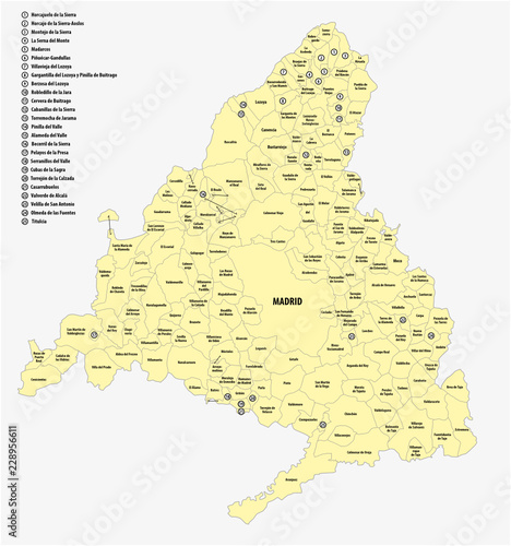 Municipalities of Madrid administrative and political vector map