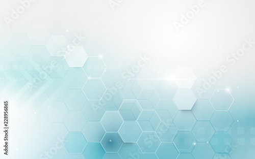 Abstract blue geometric hexagon shape and lines with science concept background