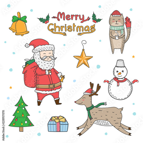 Christmas elements freehand drawn cartoons. Doodle style