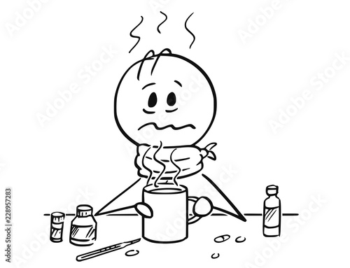 Cartoon stick drawing conceptual illustration of sick man with influenza, flu, cold or fever drinking hot tea.