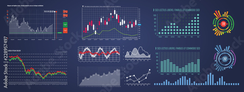 Set of Intelligent technology hud interface. Network management data screen with different chart and diagram. Illustrated vector.
