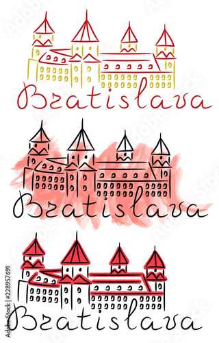 Photography Bratislava red roof castle sketch with felt-tip pen and watercolor grunge vector