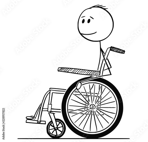 Cartoon stick drawing conceptual illustration of smiling disabled man man sitting on a wheelchair.
