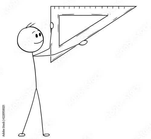 Cartoon stick drawing conceptual illustration of man or businessman holding triangle ruler ready to measure length of something.