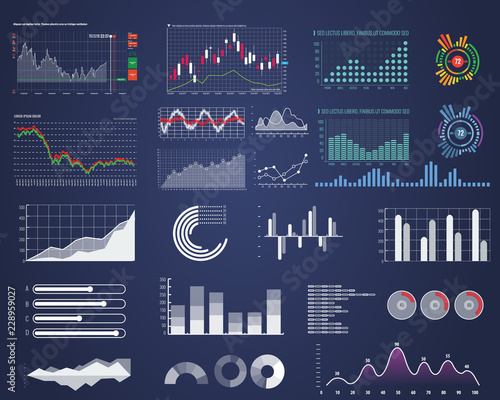 Set of Intelligent technology hud interface. Network management data screen with different chart and diagram. Illustrated vector.