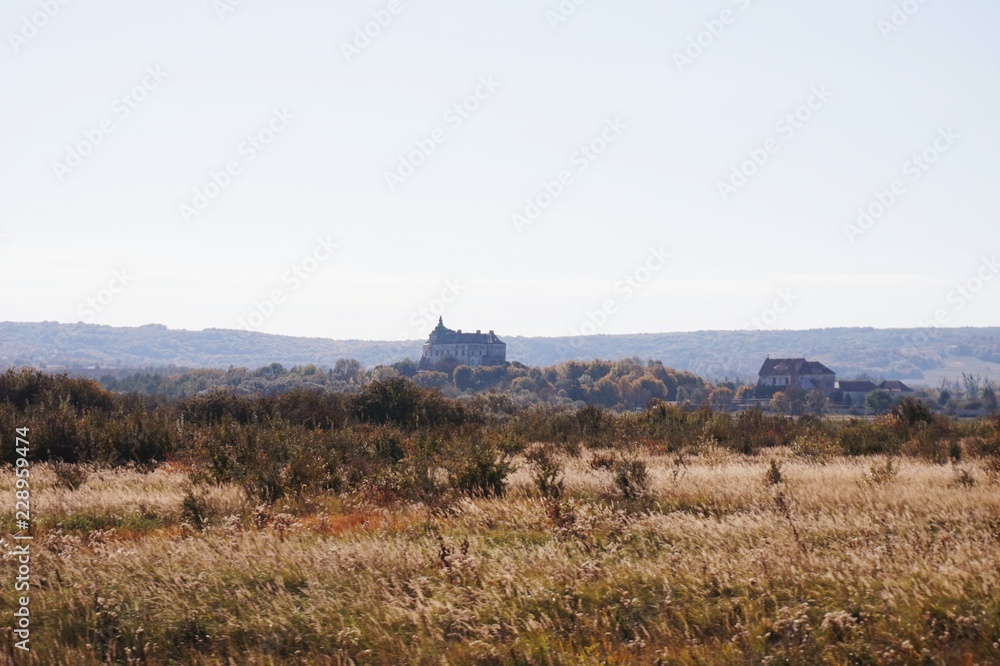 A view of the field and the Olesko Castle in the distance in the Lviv region, Ukraine.