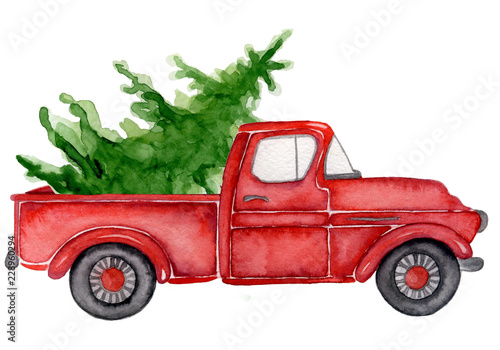 Red Christmas truck with pine trees New year watercolor illustration