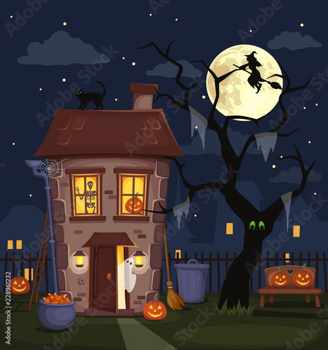 Halloween night city landscape with a haunted house, jack-o-lanterns, tree and full moon in the sky. Vector illustration.
