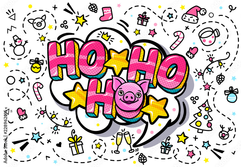 Pig is a symbol of 2019 new year. Happy squinting pig face on pink background with Ho-ho-ho message in pop art style. Vector illustration. Pig is a symbol of 2019 new year. Happy squinting pig face on pink background with Ho-ho-ho message in pop art style. Vector illustration.