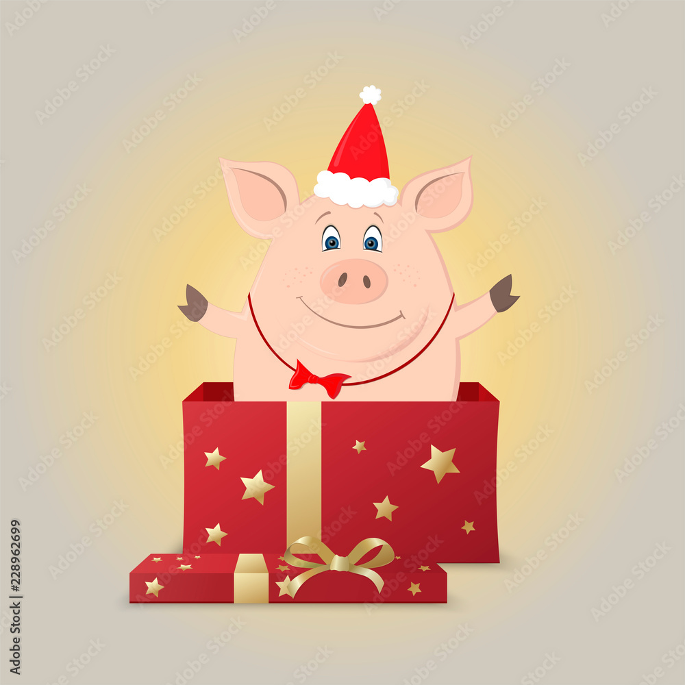 Cute cartoon piglet dressed in the Christmas costume. Piggy POPs out of the gift box. Vector illustration. Cute cartoon piglet dressed in the Christmas costume. Piggy POPs out of the gift box. Vector illustration.