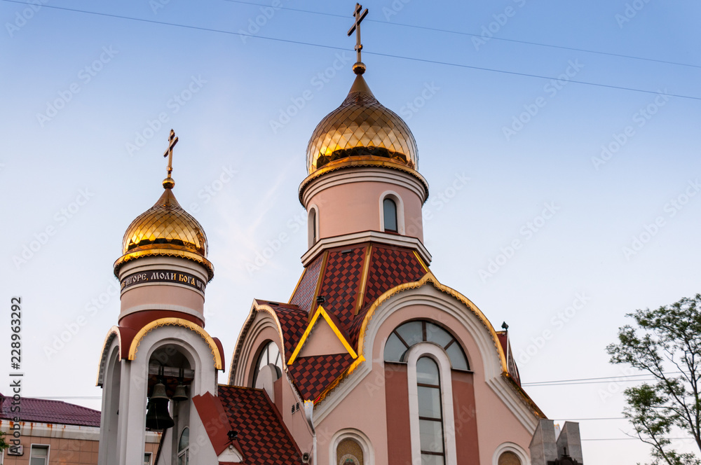 Russia, Vladivostok, July 2018: Golden domes. Church of the Holy Spirit Igor Chernigov