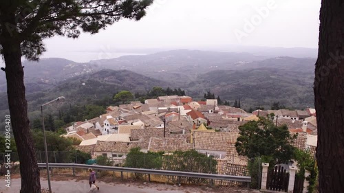 Wide spanning landscape view of Chlomatiana in Corfu Greece near Mesoggi with traditional mountain houses