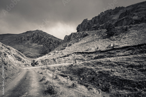 scenic road mountain pass in Iraty mountains, basque country, france in black and white