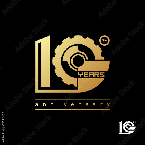 Modern gold symbol "10 years" for logo, emblem or sign on black background. Creative template for celebration, anniversary and congratulation design. Vector illustration.