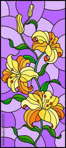 Fototapeta Naklejka Na Ścianę i Meble -  Illustration in stained glass style with a branch of yellow lilies on a purple  background, vertical image